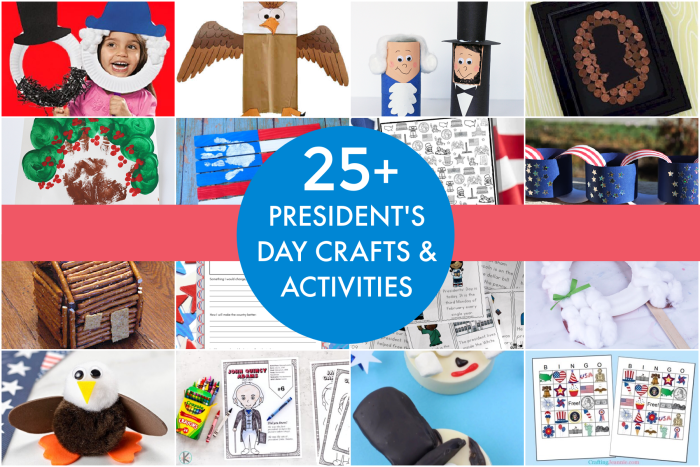 Collage of over 25 Kids crafts with a President's Day Theme Horizontal layout