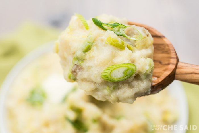 Close up of Irish Colcannon on a wooden spoon