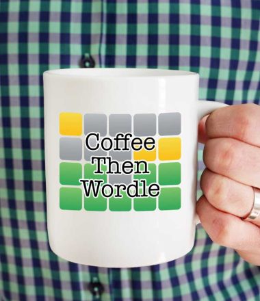 Man in plaid shirt holiding mug with Coffee Then wordle