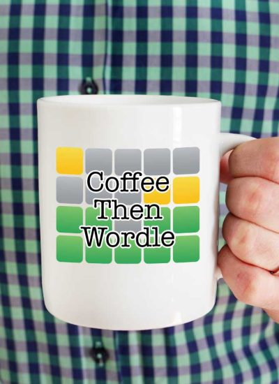 Man in plaid shirt holiding mug with Coffee Then wordle