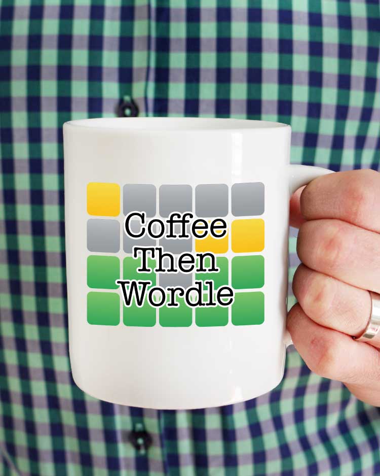 Man in plaid shirt holiding mug with Coffee Then wordle