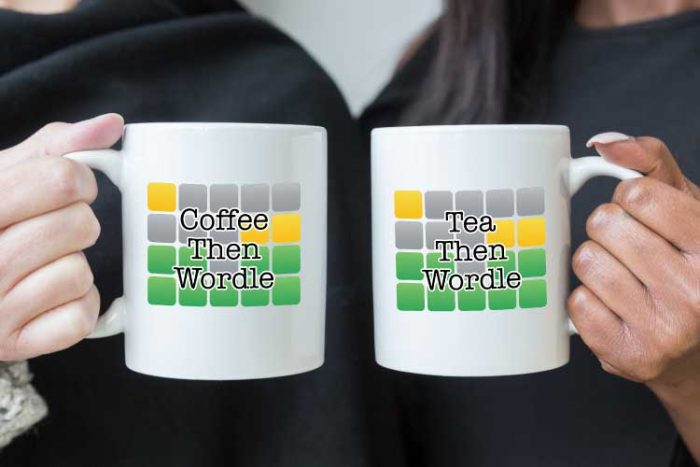 Couple holding White mugs that ready Coffee and Tea before Wordle