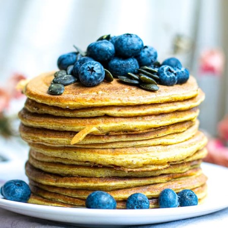 Stack of blueberry pancakes.