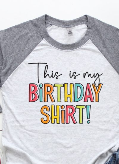 Grey and white raglan t-shirt with "This is my Birthday Shirt" Design-Square Design