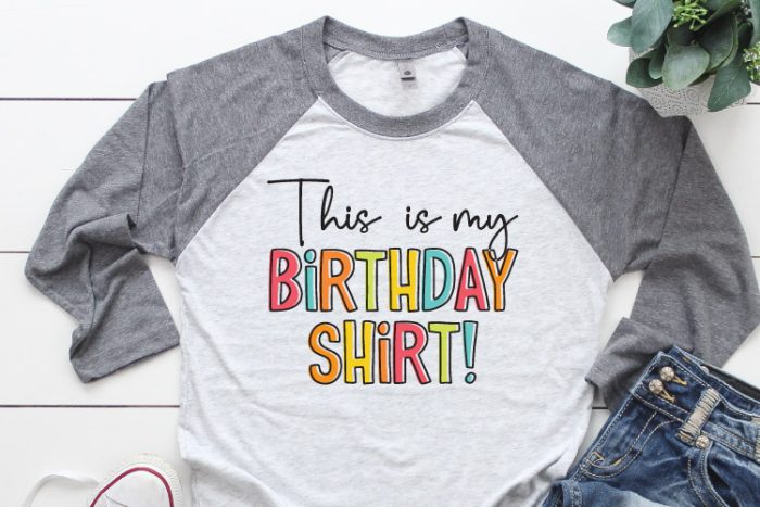 Grey and white raglan t-shirt with "This is my Birthday Shirt" Design-horizontal layout