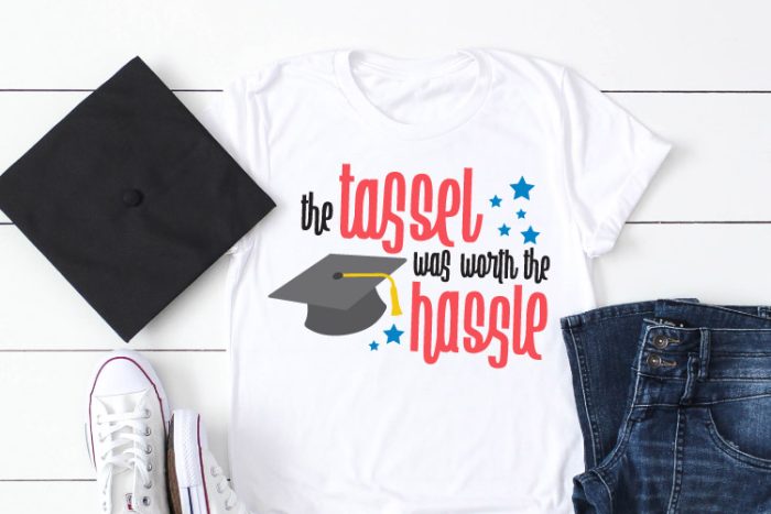 White Shirt, Graduation Cap with "The Tassel was worth the hassle" svg in red and blue