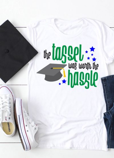 White Shirt, Graduation Cap with "The Tassel was worth the hassle" svg in green and blue