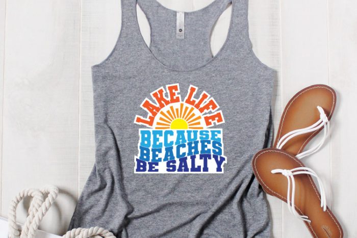 Grey tank top with bag, sunglasses and sandals. Lake Life SVG in iron on vinyl