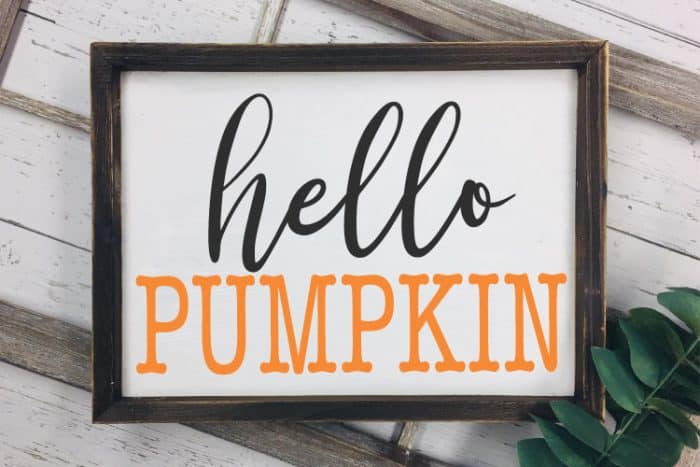 rectangle wooden sign with Hello Pumpkin in Vinyl