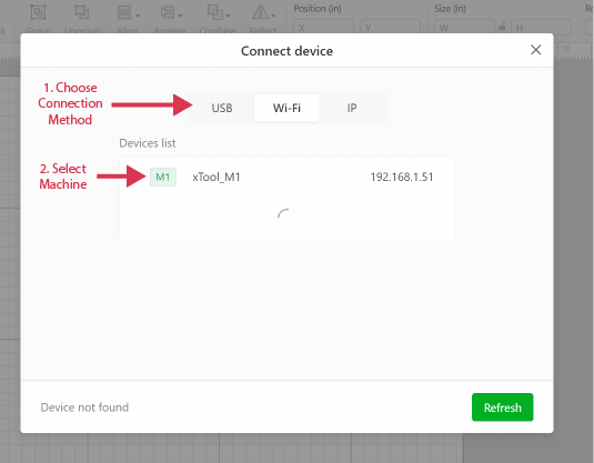 Screenshot of XCS and notation on where to select your machine