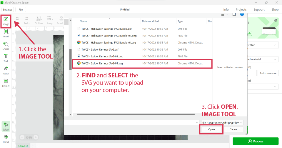 Screenshot and notations on how to upload an SVG to XCS software