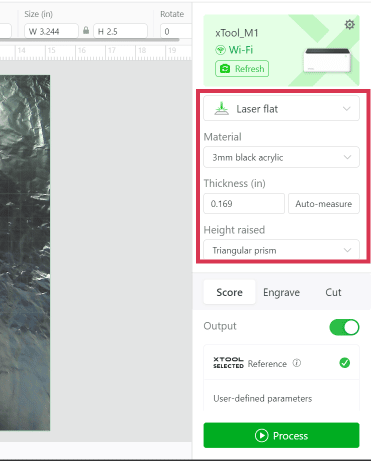 Screenshot and notation on where to adjust height and material settings in Xtool Creative Space Software