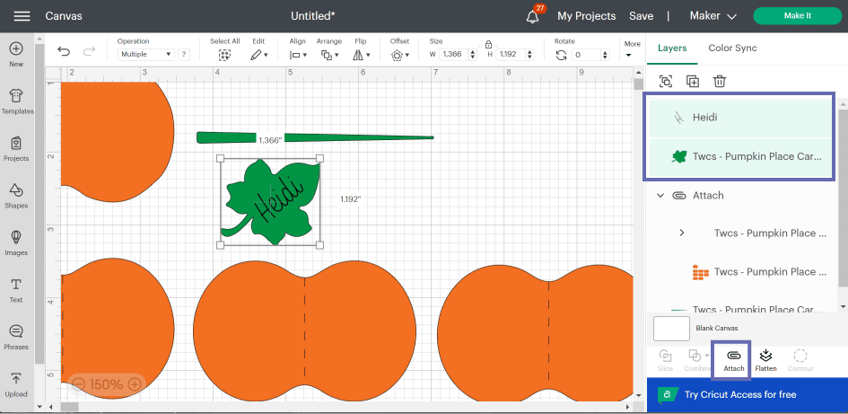 Screenshot of Cricut Design Space noting which layers to select to attach