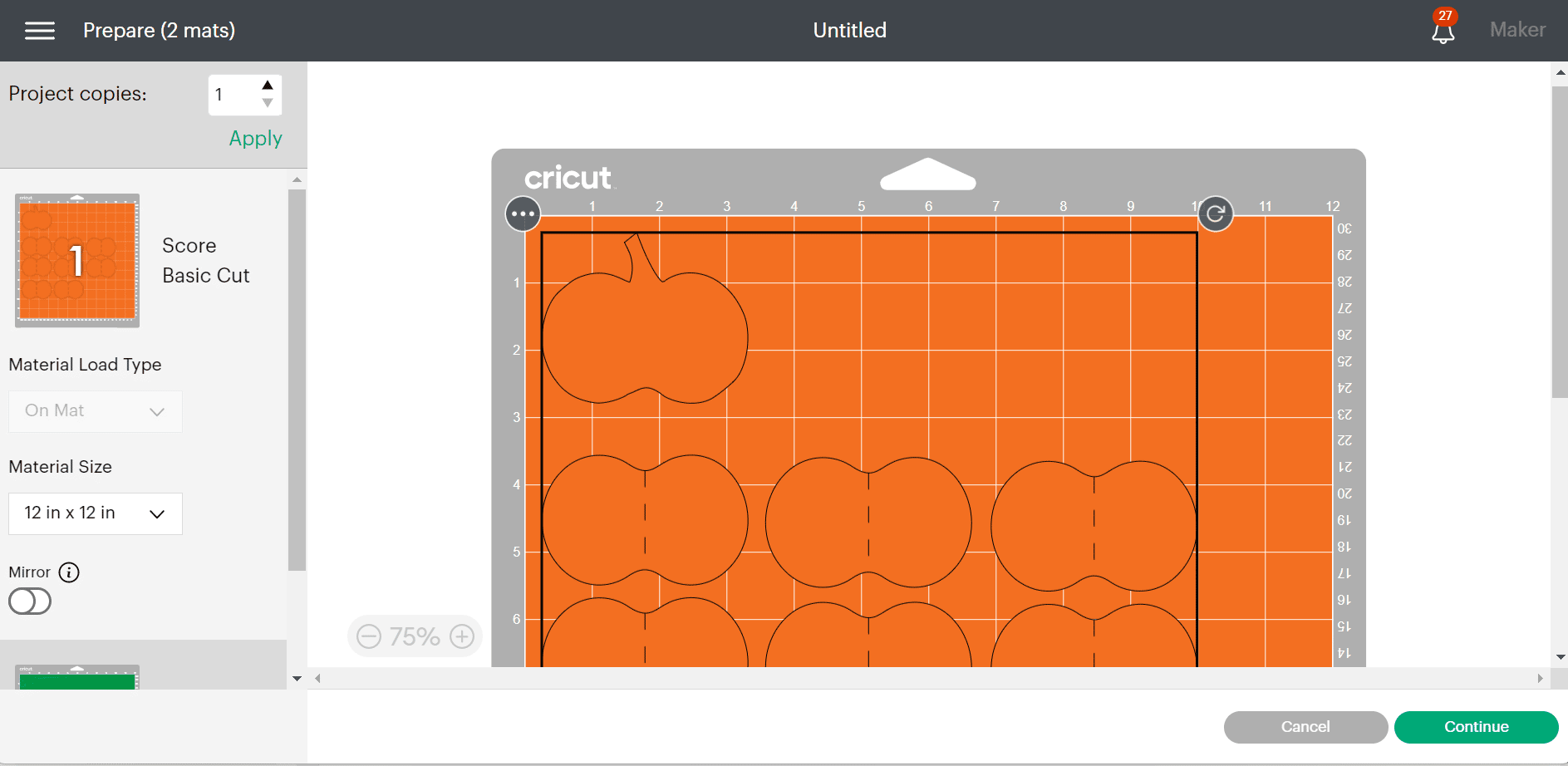 Screenshot of Cricut Design Space mat Screen