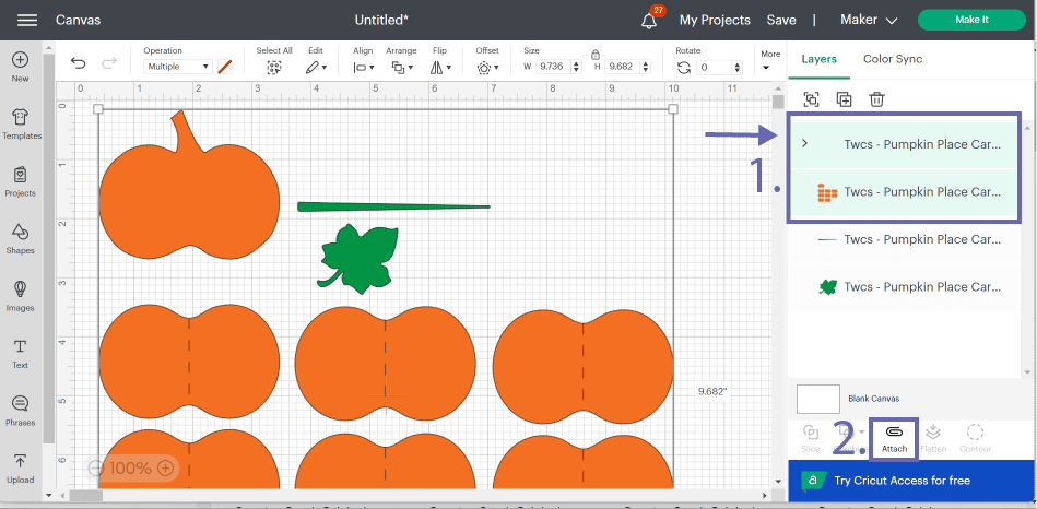 Screenshot of Cricut Design Space noting what to select to attach