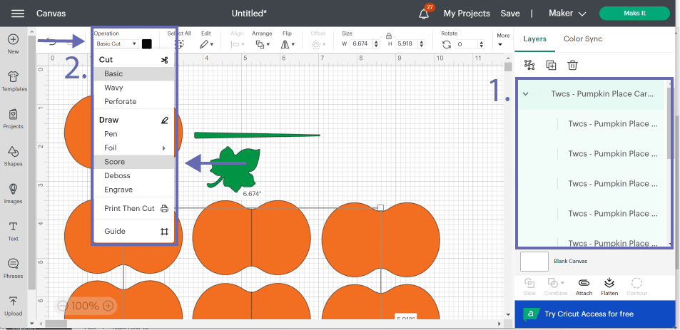 Screenshot of Cricut Design Space noting what to select in the layers and how to change to score
