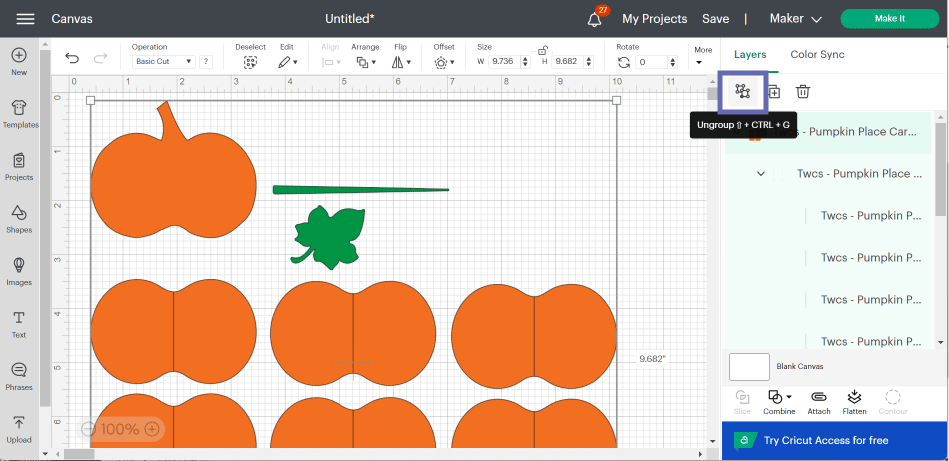 Screenshot of Cricut Design Space noting where to ungroup