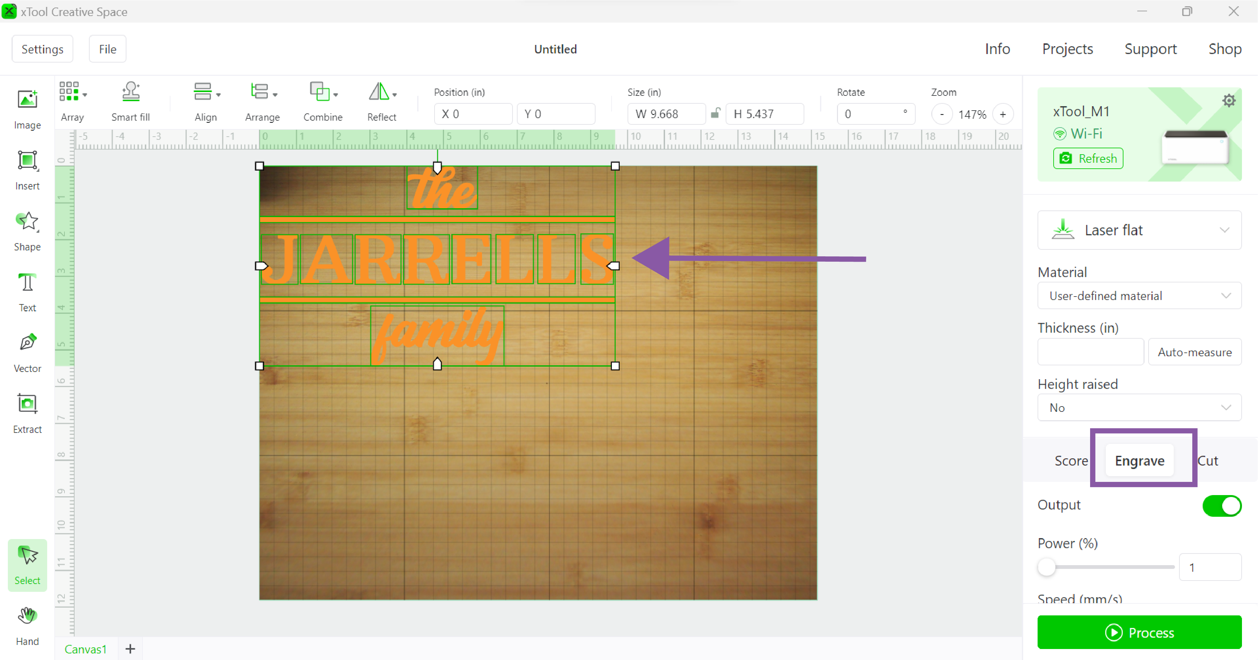 Visual showing when selecting engrave output the design changes to solid orange