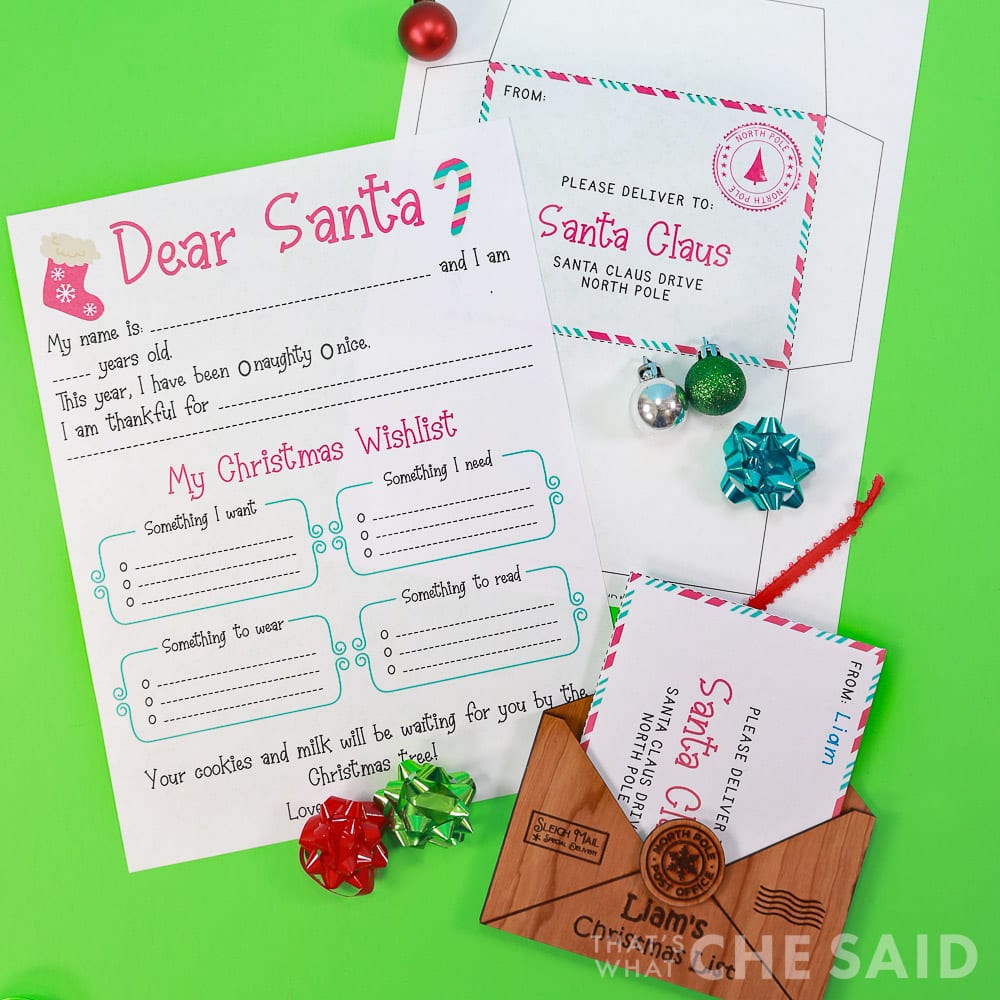 Free Printable Christmas Wishlist with envelope on green backdrop with laser engraved ornament square