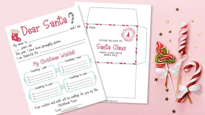 Free Printable Christmas Wishlist with envelope on pink background horizontal