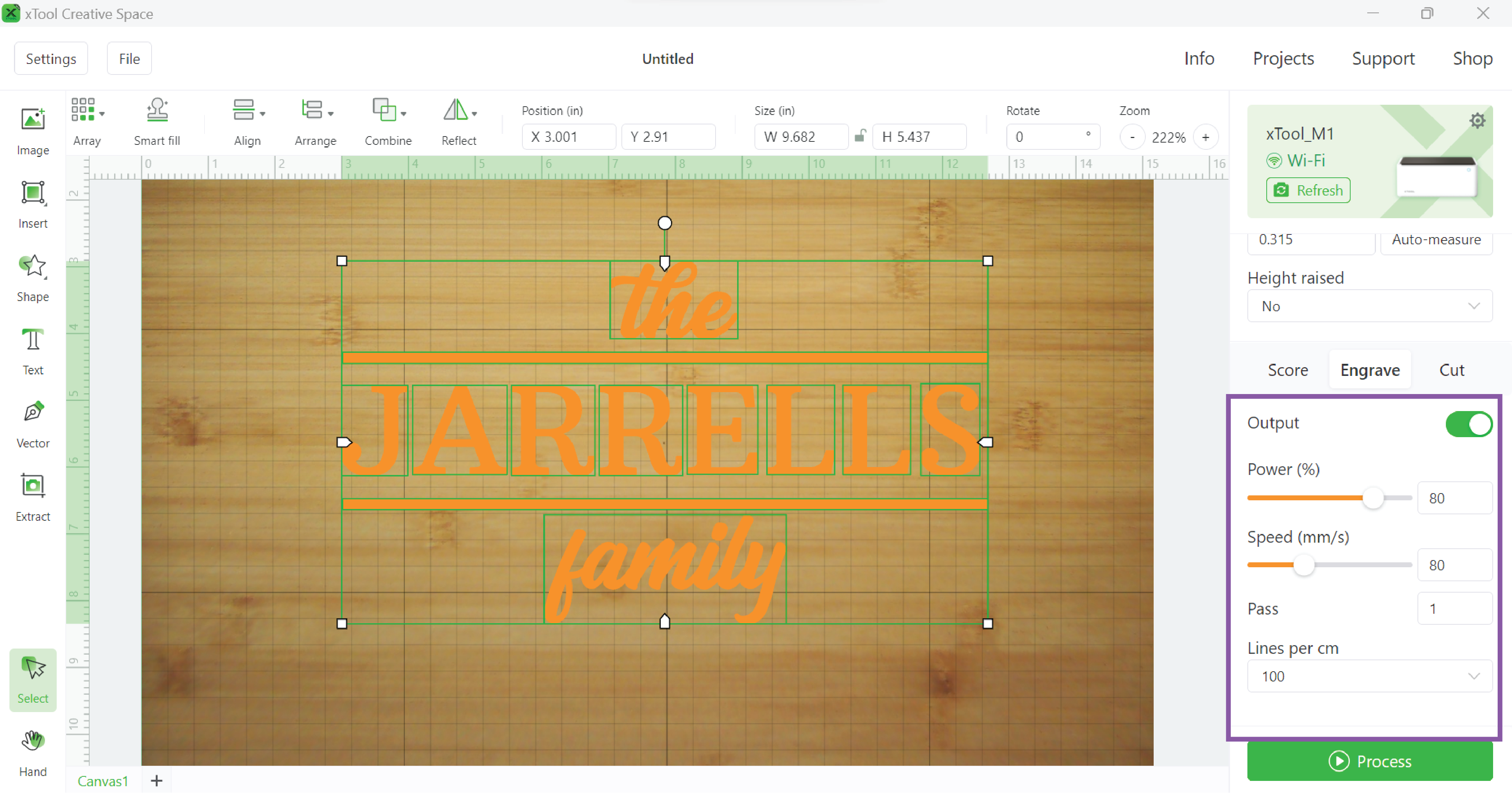 Output settings in XCS for engraved chopping board