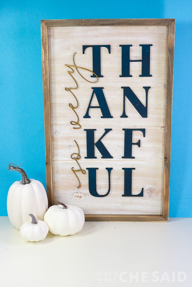 So very thankful sign on blue background with white pumpkins