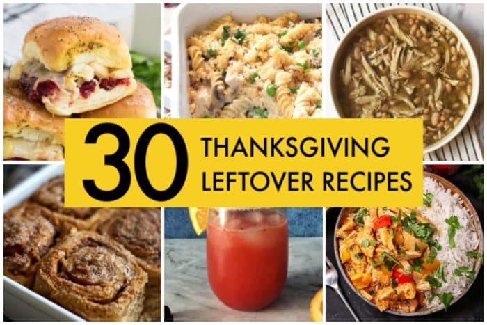 Collage of different thanksgiving lefover recipes including thanksgiving leftover appetizers and thanksgiving leftover  casserole and thanksgiving lefover sandwiches.  