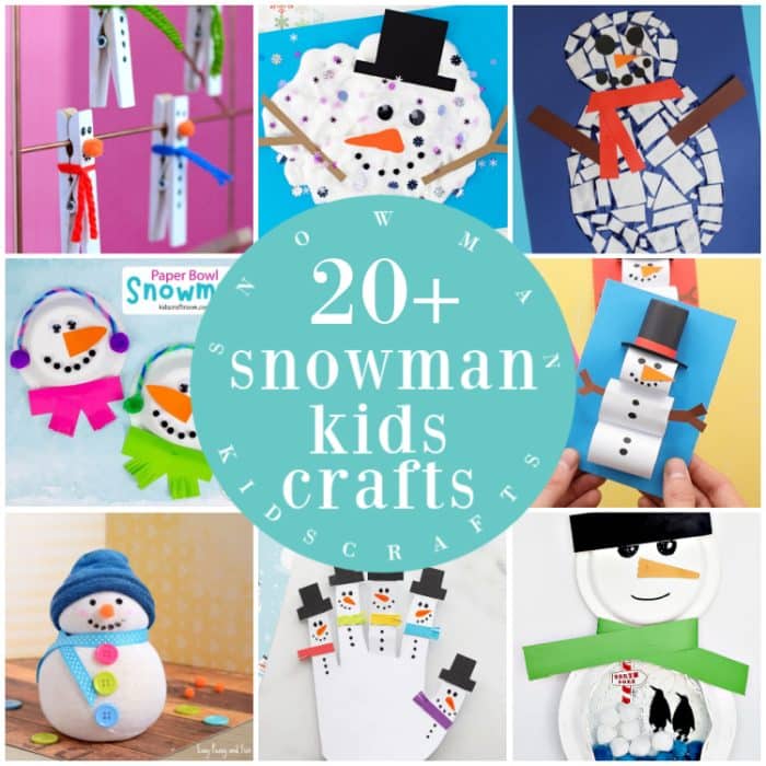 Collage of 9 snowman crafts for kids