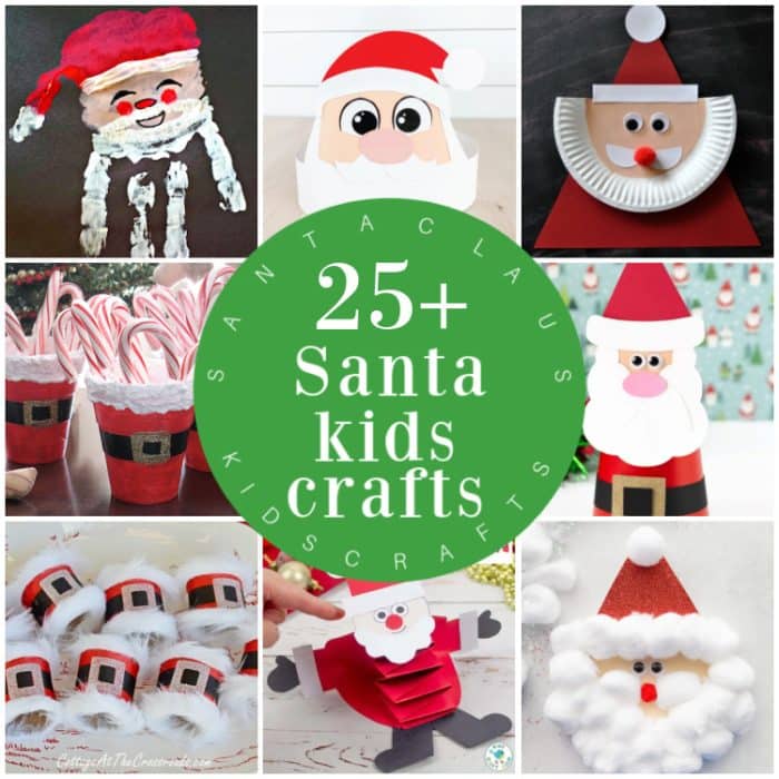 A collage of 25 Santa themed Kid's Craft ideas
