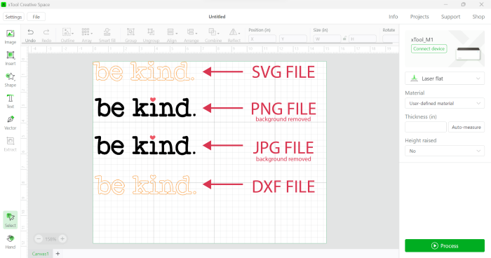 Screenshot of how to upload svg files into xTool Creative space using 4 different file types.