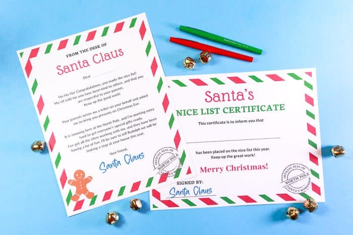 Santa's Nice List Certificate Printable and Letter on blue background with red and green pens and sleigh bells - horizontal format