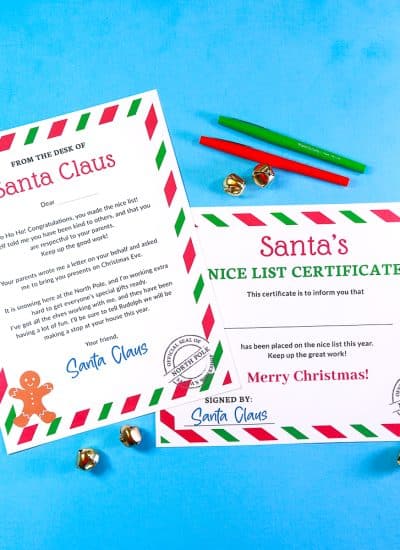 Santa's Nice List Certificate Printable and Letter on blue background with red and green pens and sleigh bells - square format