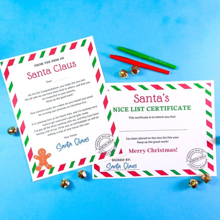 Santa's Nice List Certificate Printable and Letter on blue background with red and green pens and sleigh bells - square format