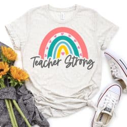 Teacher strong on tshirt with shoes and flowers
