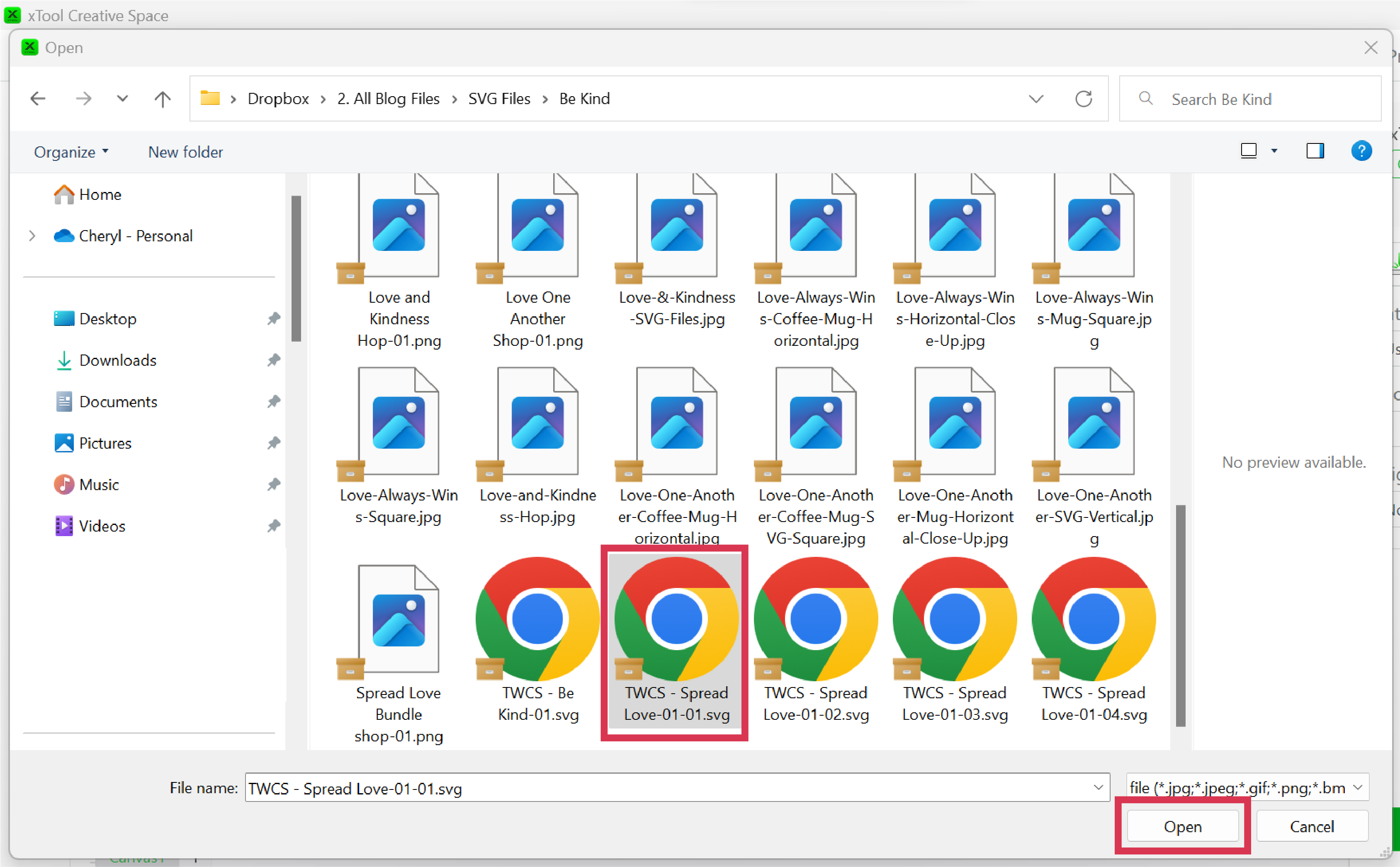 Screenshot of explorer window showing files and then open button