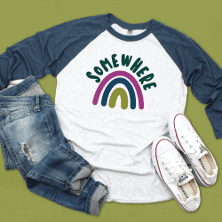 Blue and white raglan with somewhere over the rainbow svg