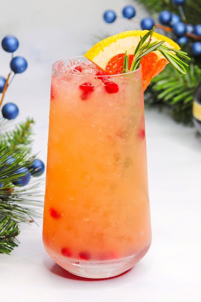 close up of Rosemary Sparkling Paloma in Vertical Orientation with greenery in background