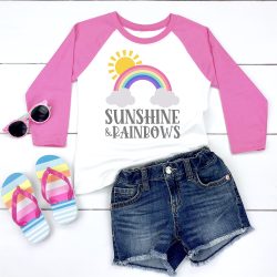 Pink and white raglan with sunshine and rainbows svg