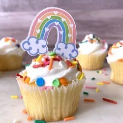 Rainbow cupcake topper on rainbow sprinkle cupcake