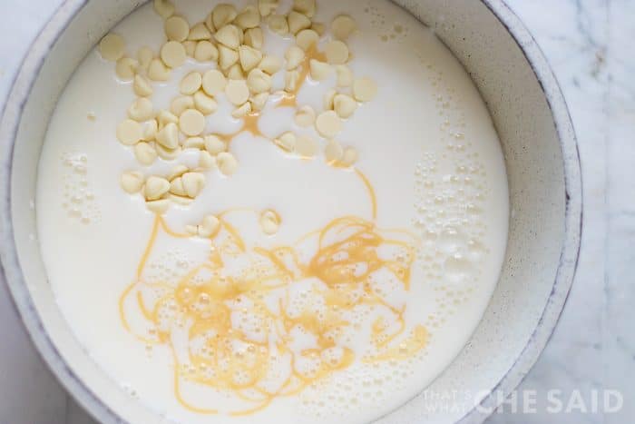 chips, milk and condensed milk in suace pan