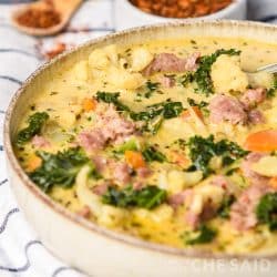 Square Image of Sausage Kale Soup in white stonewear bowl