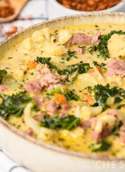 Square Image of Sausage Kale Soup in white stonewear bowl