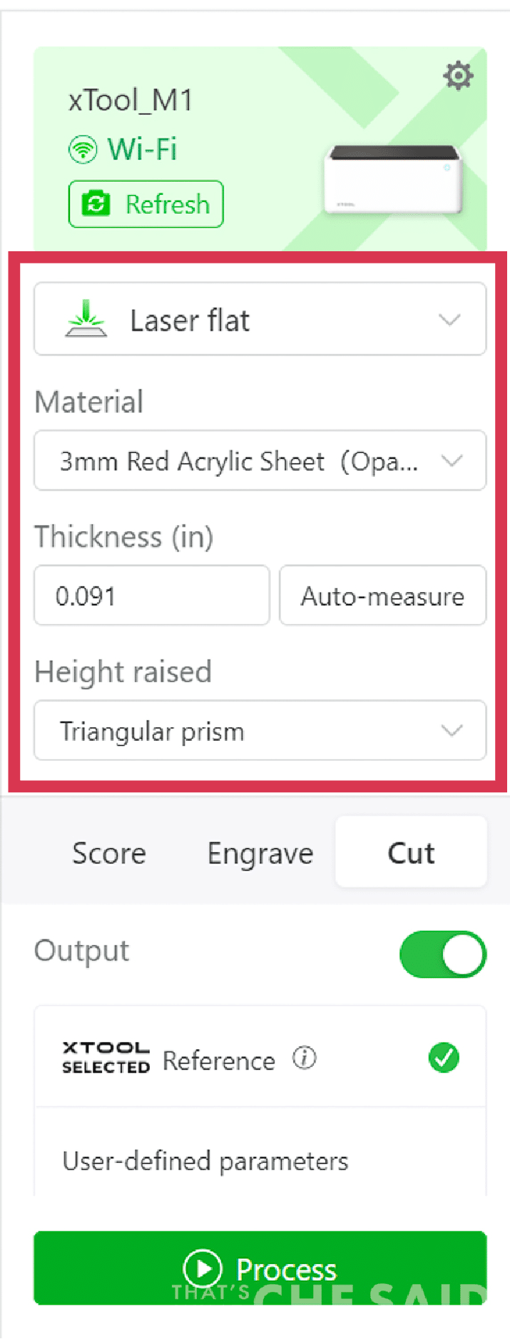 Settings on xTool M1 for Red Acrylic