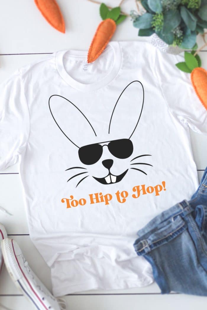 White T-shirt with too hip to hop SVG and Carrot Decor around shirt - Vertical orientation
