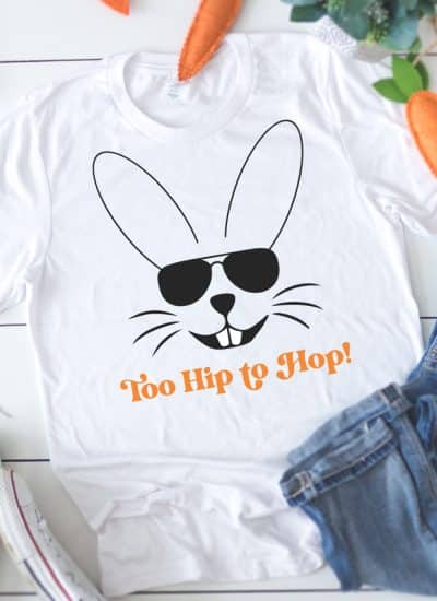 White T-shirt with too hip to hop SVG and Carrot Decor around shirt - square orientation