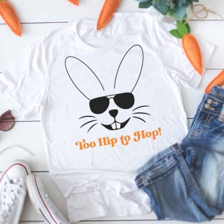 White T-shirt with too hip to hop SVG and Carrot Decor around shirt - square orientation