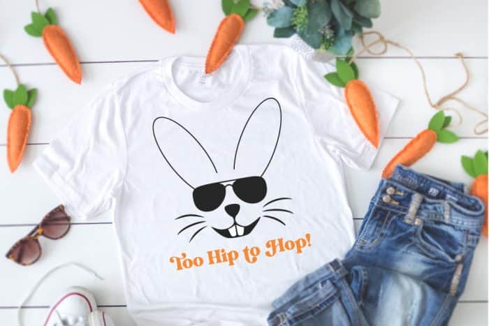 White T-shirt with too hip to hop SVG and Carrot Decor around shirt - horizontal orientation
