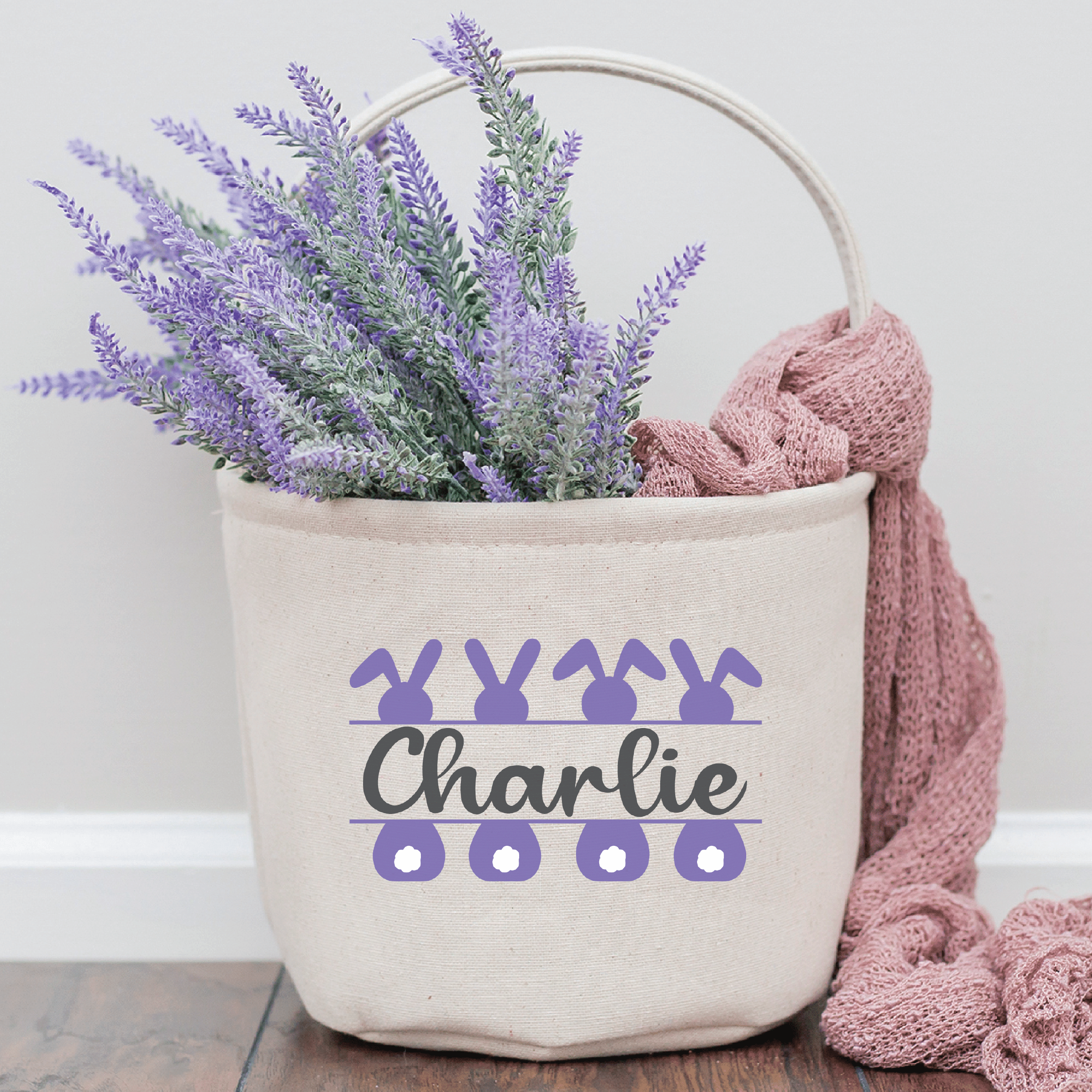 baskete of lavendar with personalized bunny name design