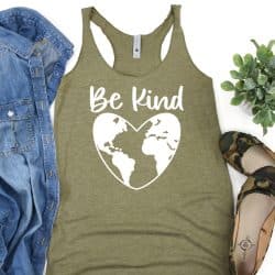 Be Kind with earth heart svg on green tank top