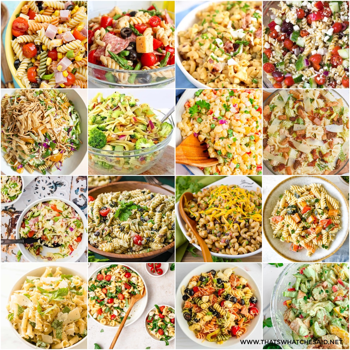 Square collage of 16 Pasta Salad Recipes for featured image